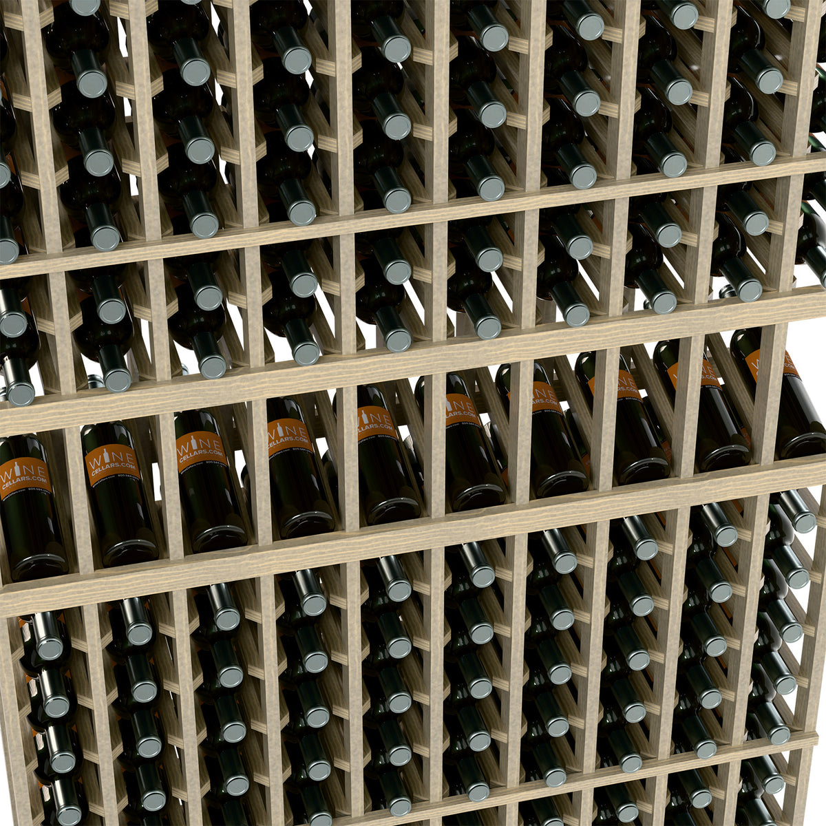 Close-up view of wine bottle display rack with light wood lattice and bottle necks.
