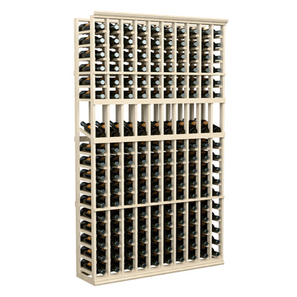 Wine bottle display rack with vertical bottle rows in light wood, dark bottles included.