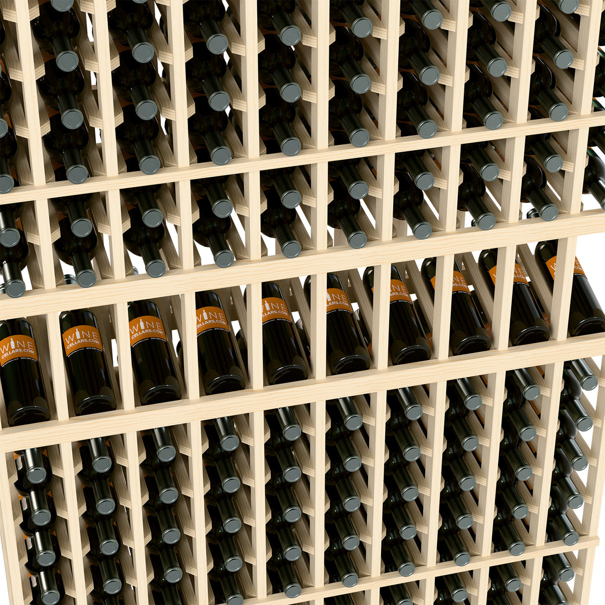 Close-up of light wood wine bottle display rack with rows of dark bottles.