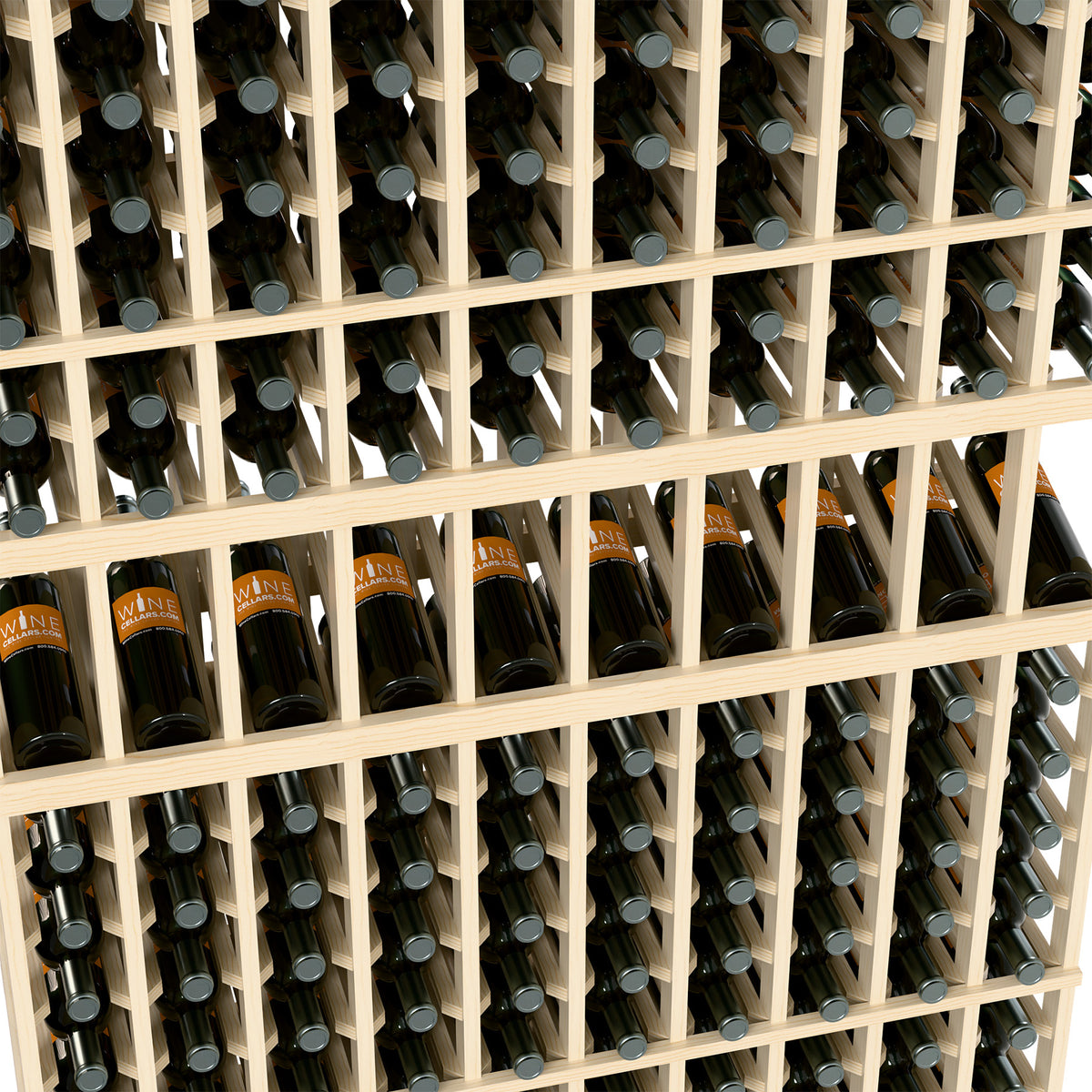 Close-up of wine bottle rack showing light wood grid and assorted bottle labels.