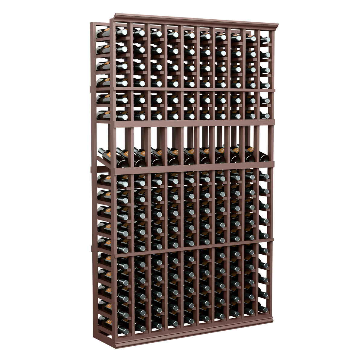 Wine bottle display rack with bottle holders, dark brown wood frame, dark wine bottles.