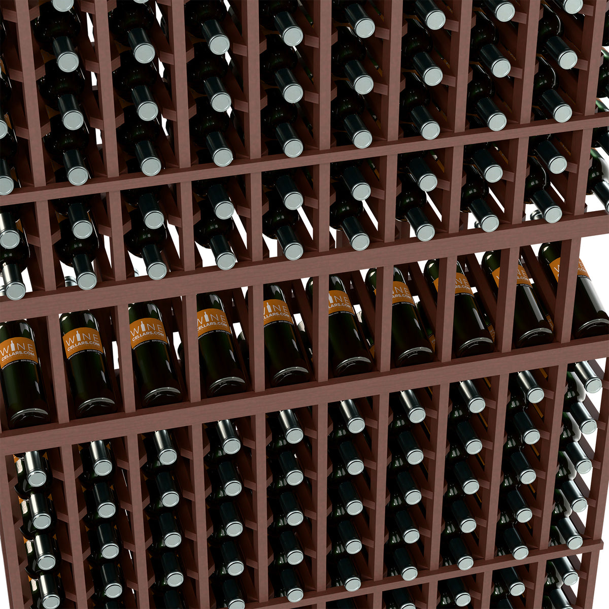 Close-up of dark brown wine bottle display rack with bottle slots and neck labels.