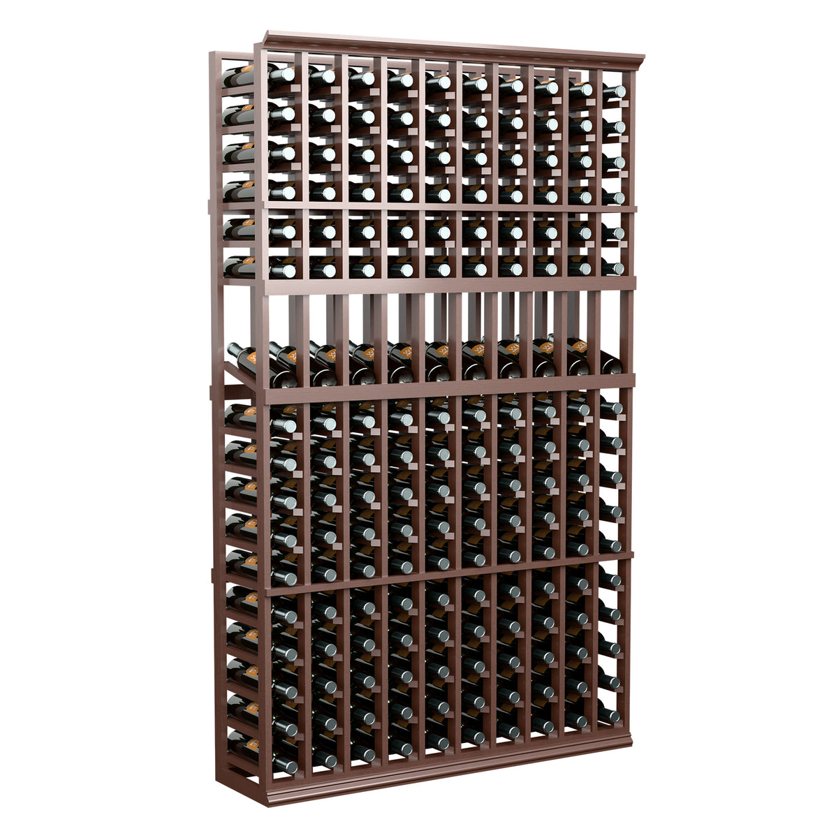 Dark wood wine bottle display rack with 10 columns and open bottle slots