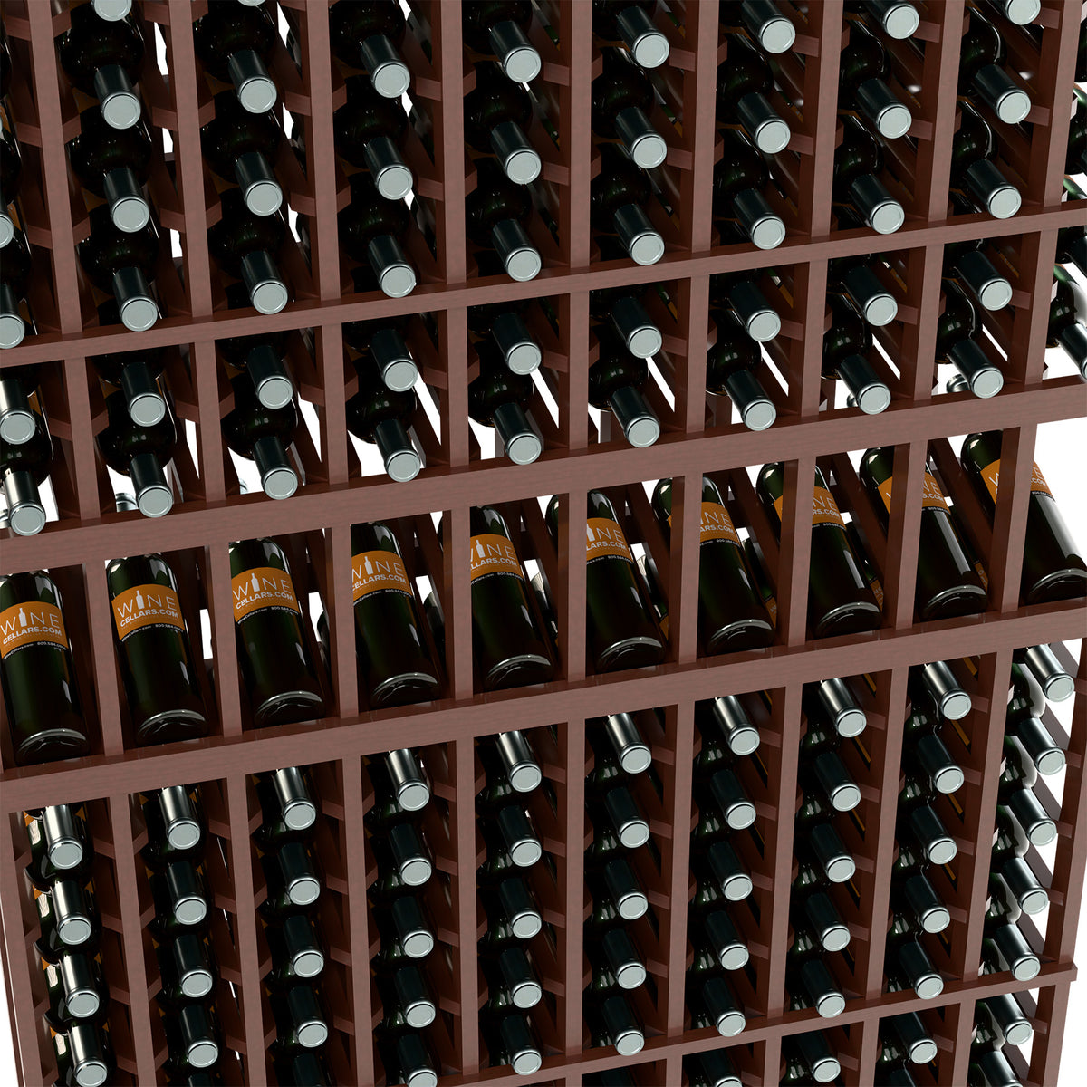 Dark wood wine rack close-up with bottle rows and silver bottle caps