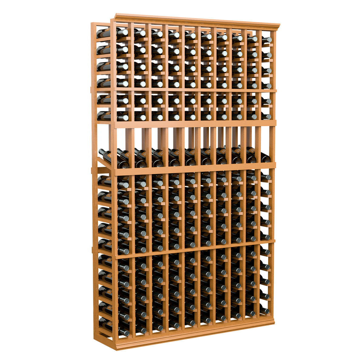 Light wood 10-column wine bottle display rack, front view