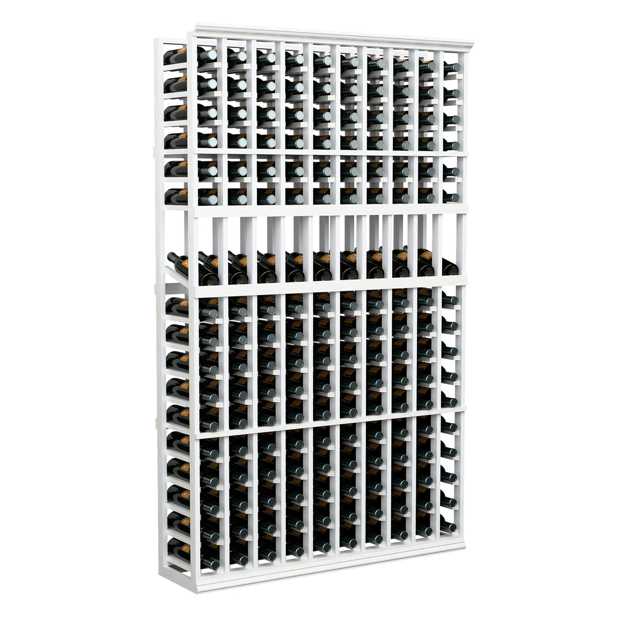 White 10-column wine bottle display rack, front view
