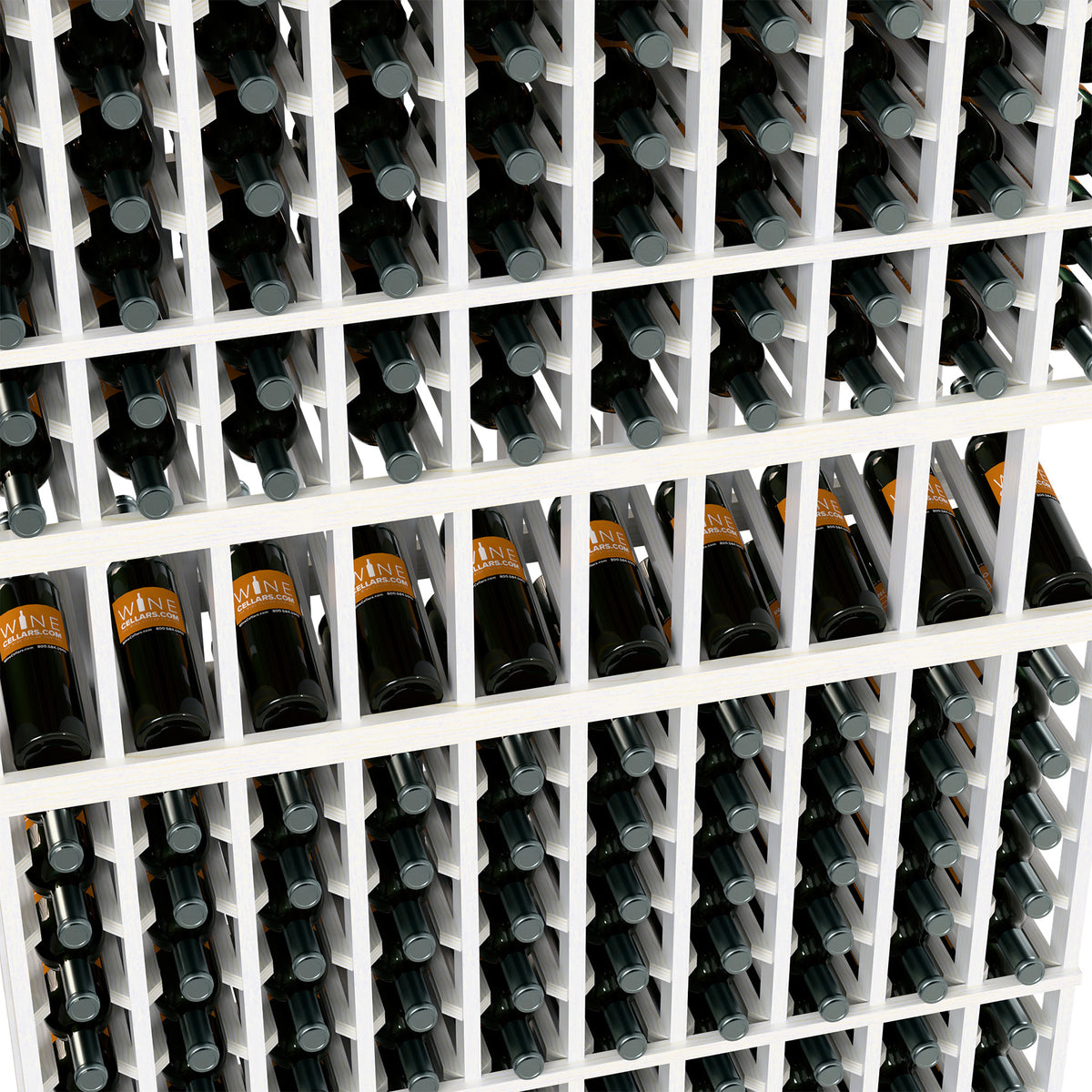 White wine rack close-up with bottle rows in a grid
