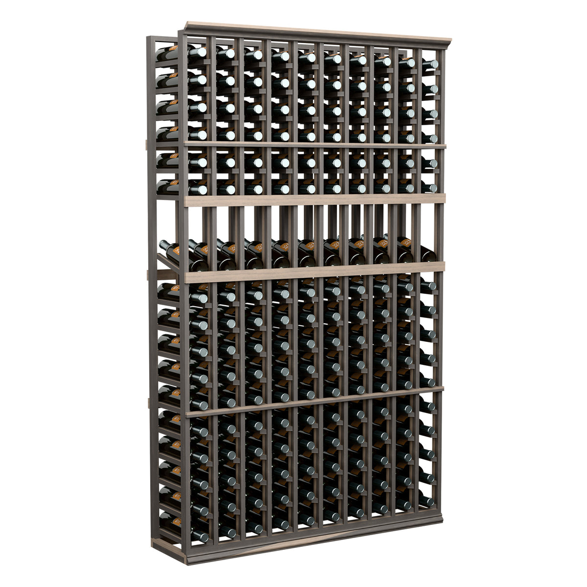 Black 10-column wine bottle display rack with stacked bottle slots