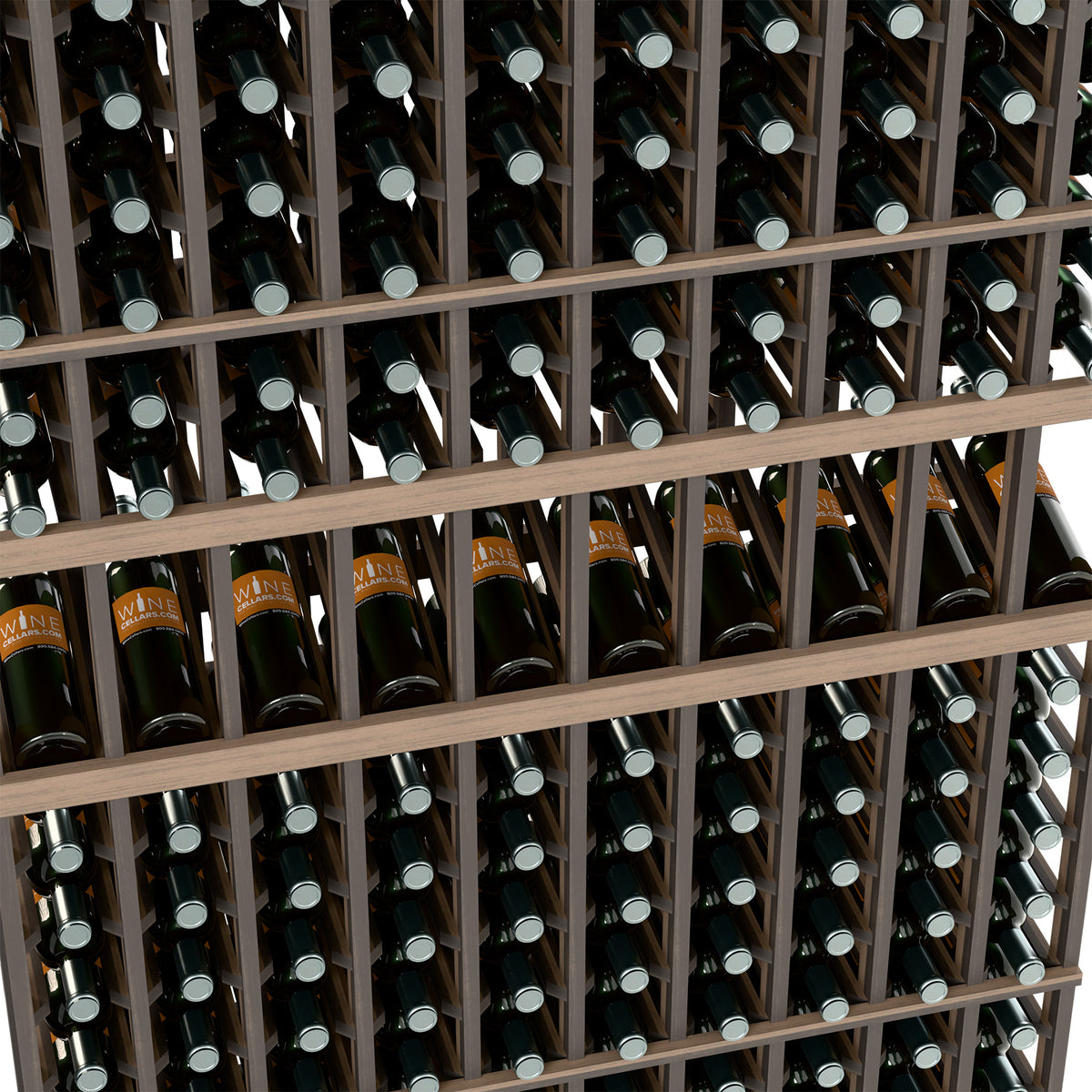 Close-up of black 10-column wine bottle display rack holding bottles