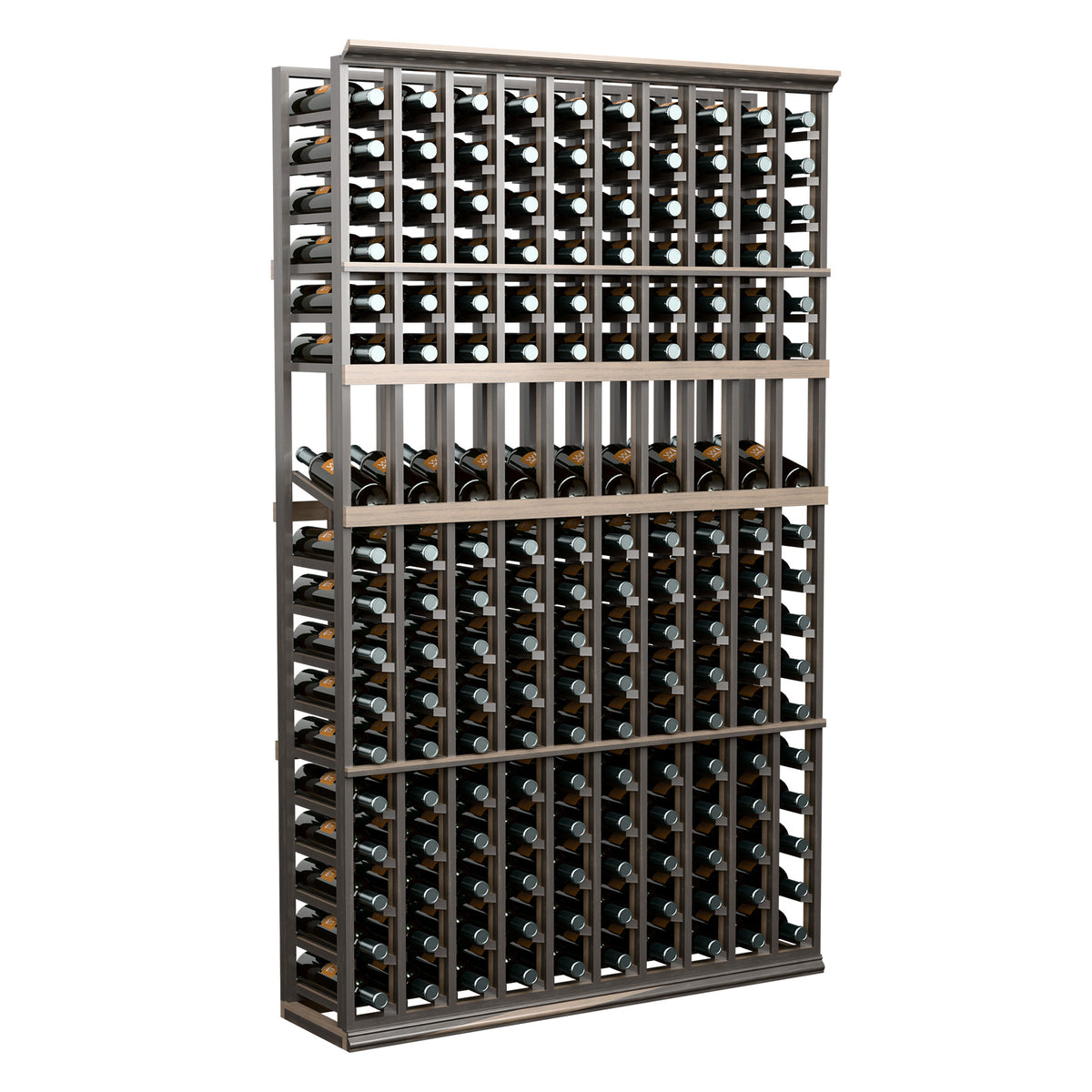 Black 10-column wine bottle display rack with vertical bottle supports