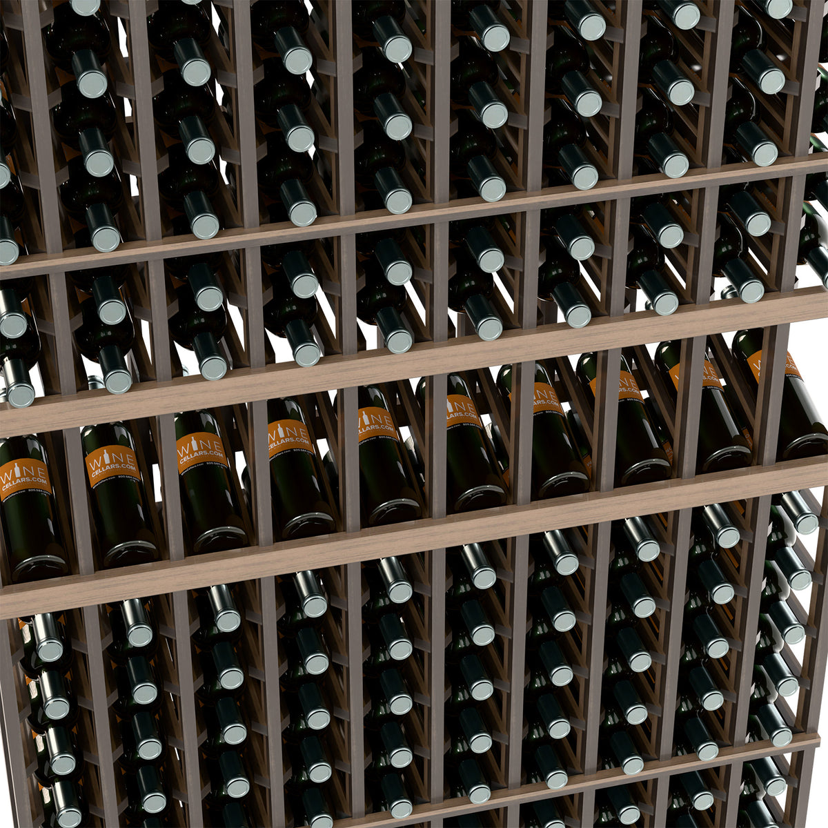 Close-up of bottles in a black 10-column wine bottle display rack