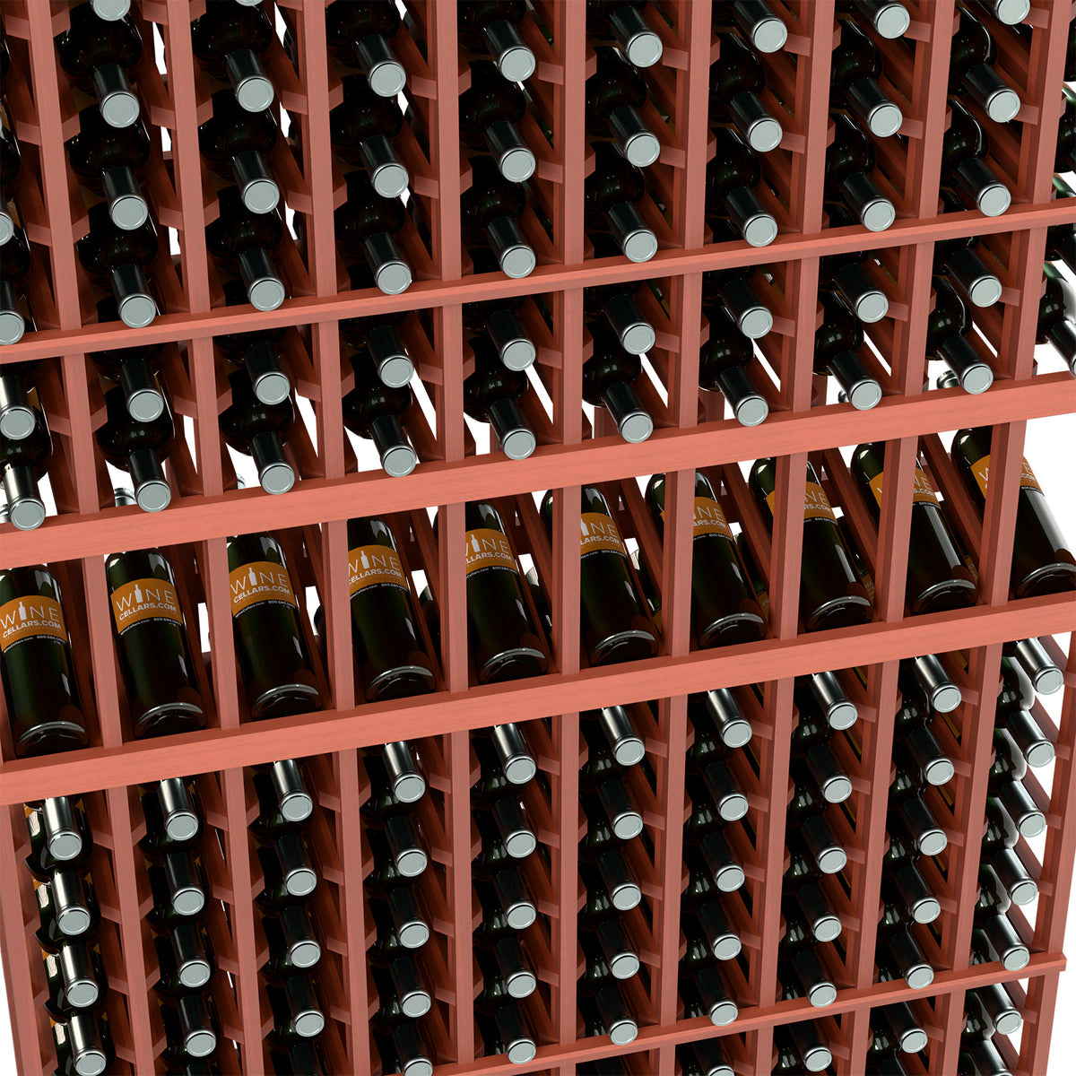 Close-up of red-brown 10-column wine bottle display rack with bottle rows