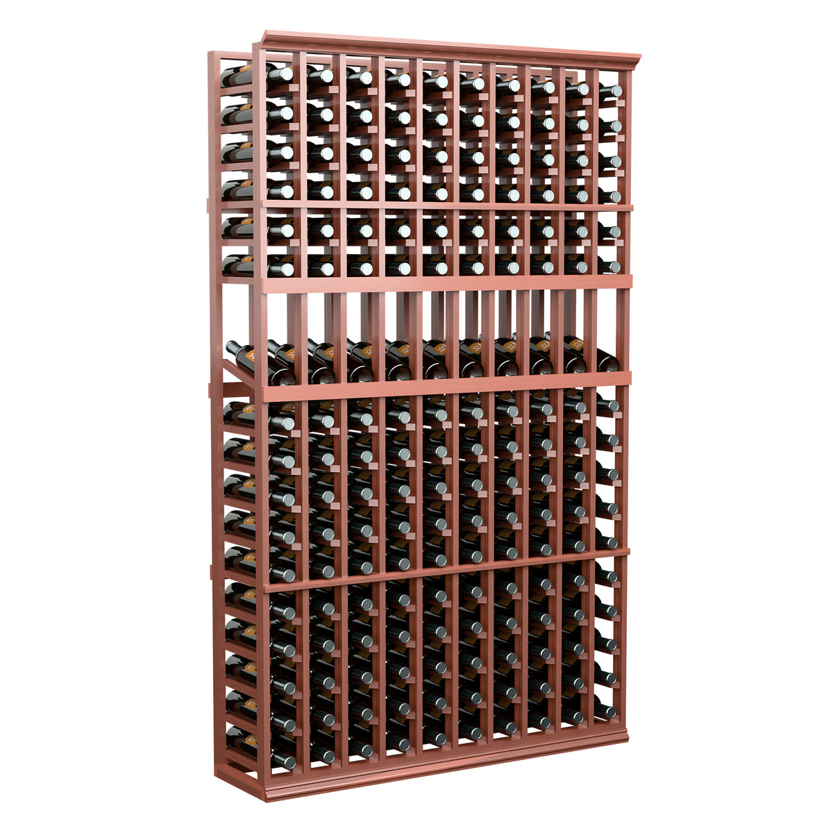 Warm red-brown 10-column wine bottle display rack with crisscross supports
