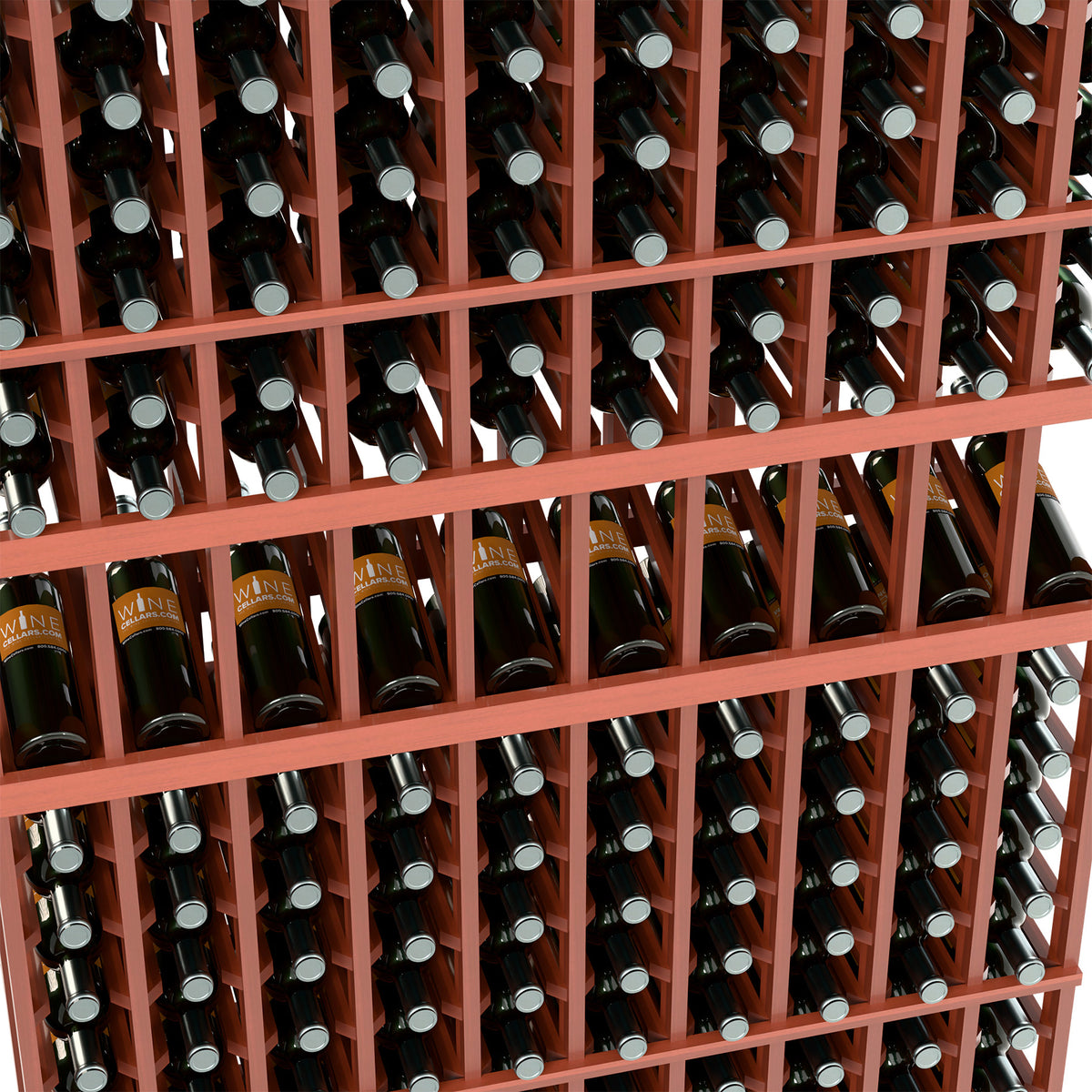 Close-up of red-brown 10-column wine bottle display rack filled with bottles
