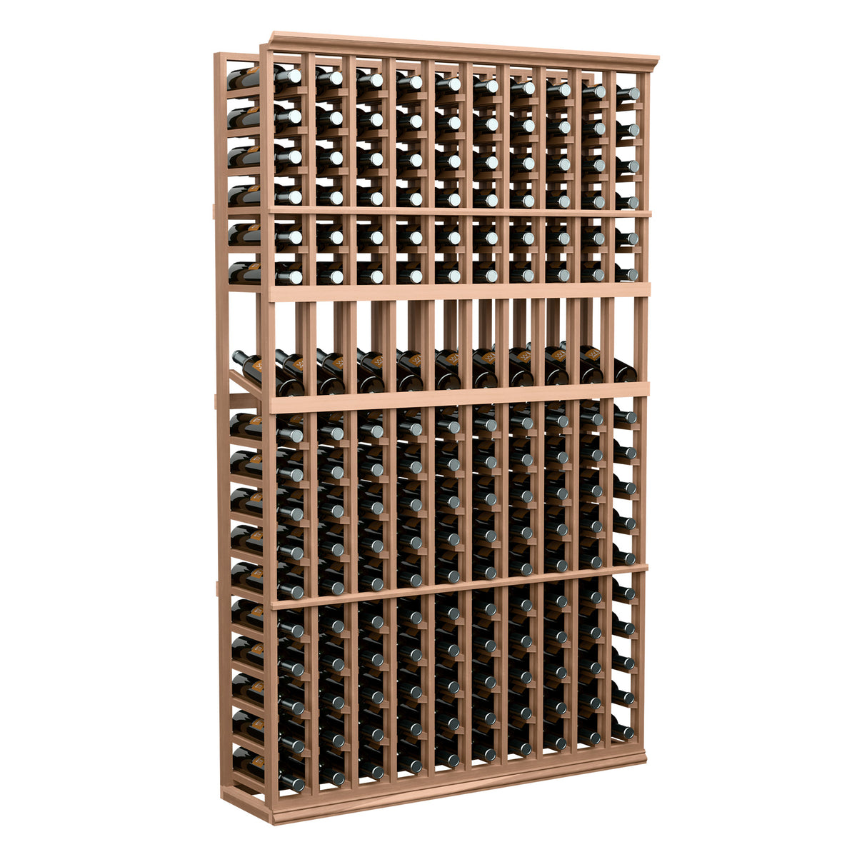 Natural wood 10-column wine bottle display rack with multiple bottle rows