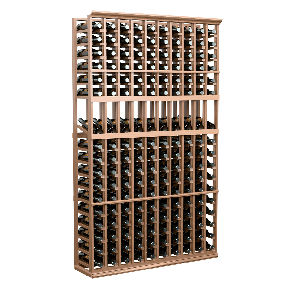 10-column wine bottle display rack with light wood frame and stacked bottles