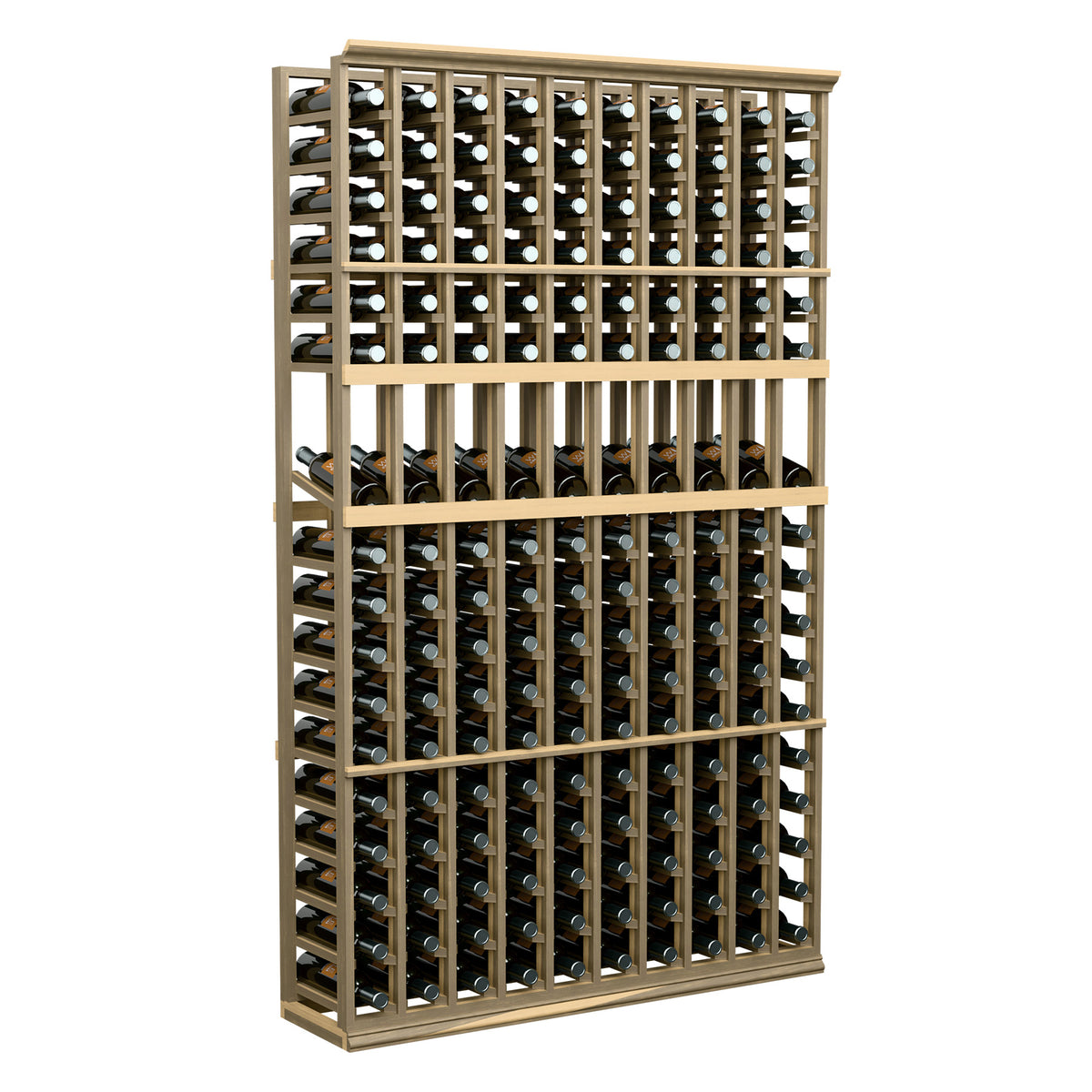 10-column wine bottle display rack with light wood frame and bottle storage grid