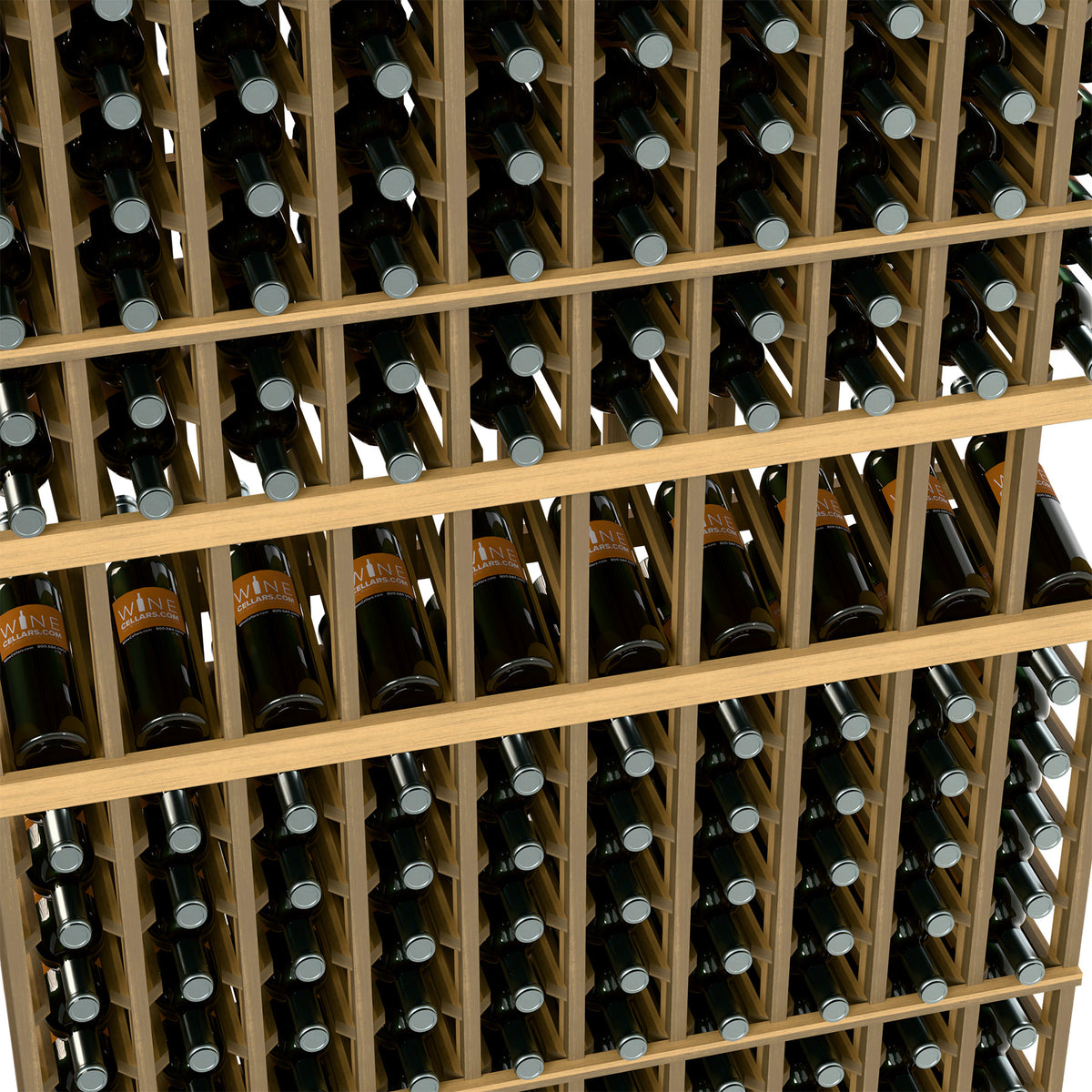 Light wood wine bottle display rack close-up of bottle rows and labels