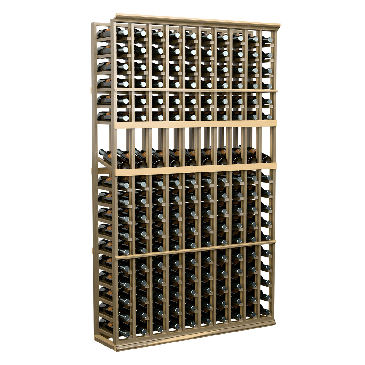 10-column wine bottle display rack with light wood frame and front bottle openings