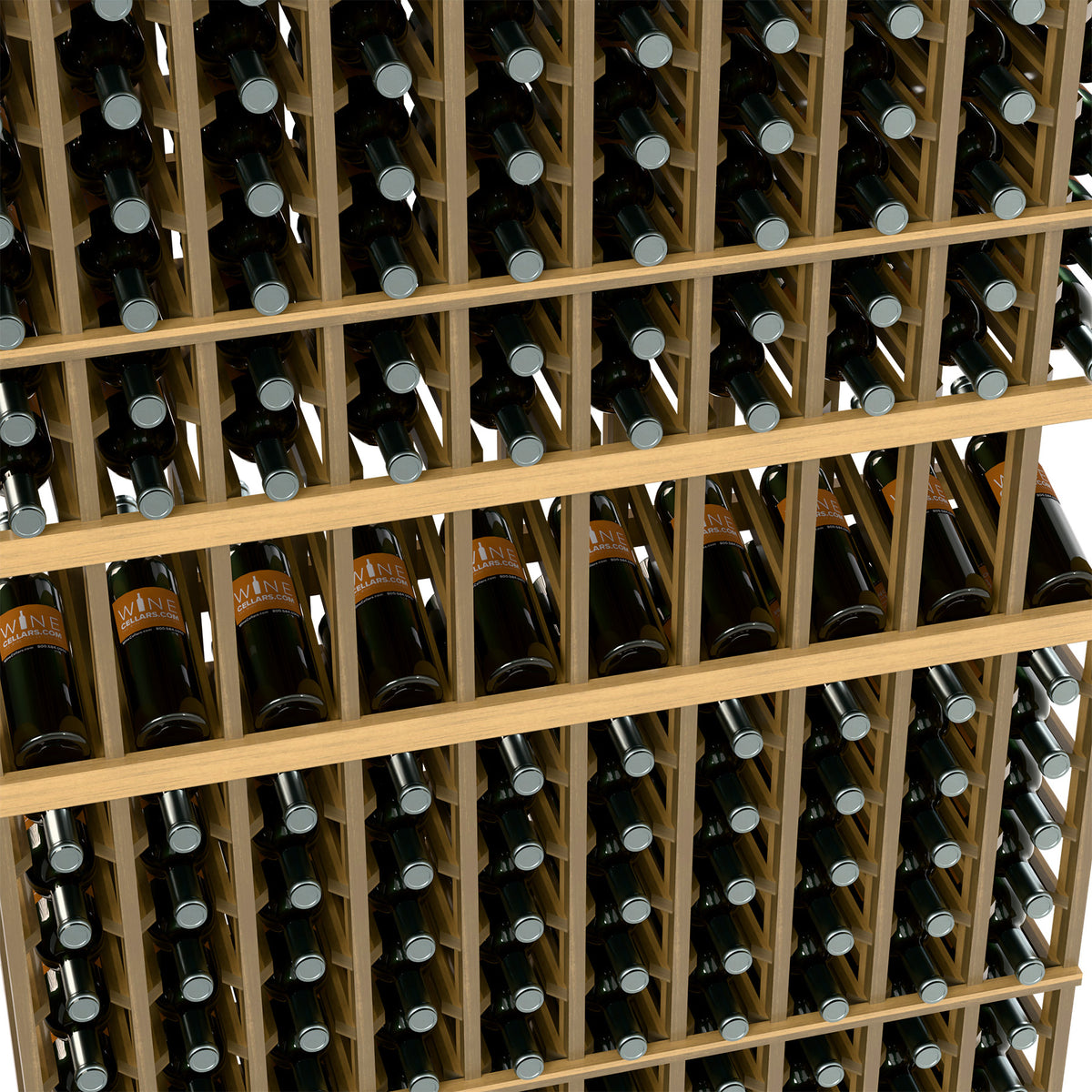Light wood wine bottle display rack close-up of bottle bottoms and rack cells