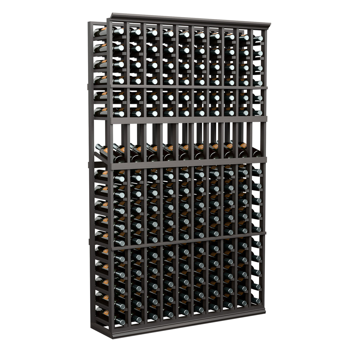 10-column wine bottle display rack with black frame and stacked wine bottles