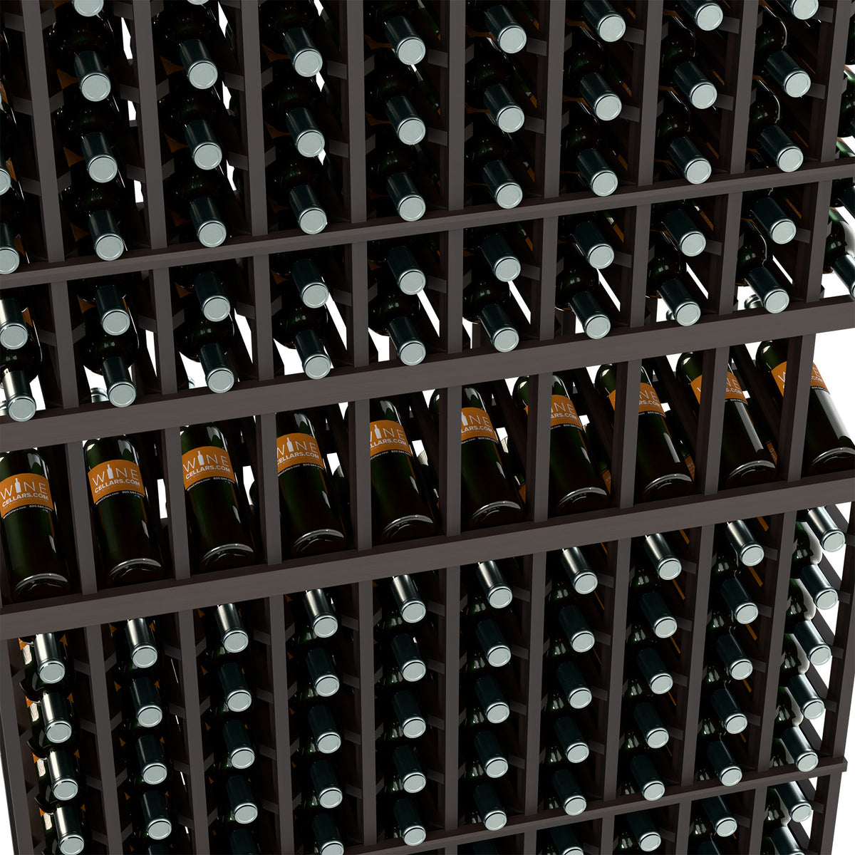 Black wine bottle display rack close-up of bottle necks in front row