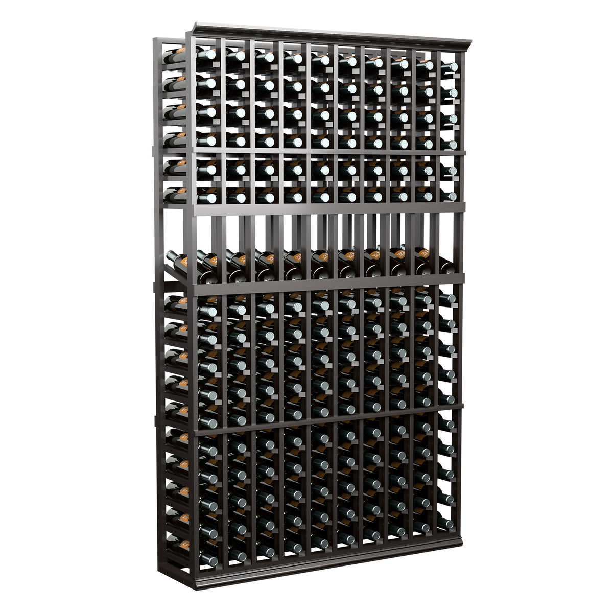 10-column wine bottle display rack with black frame and bottle storage grid