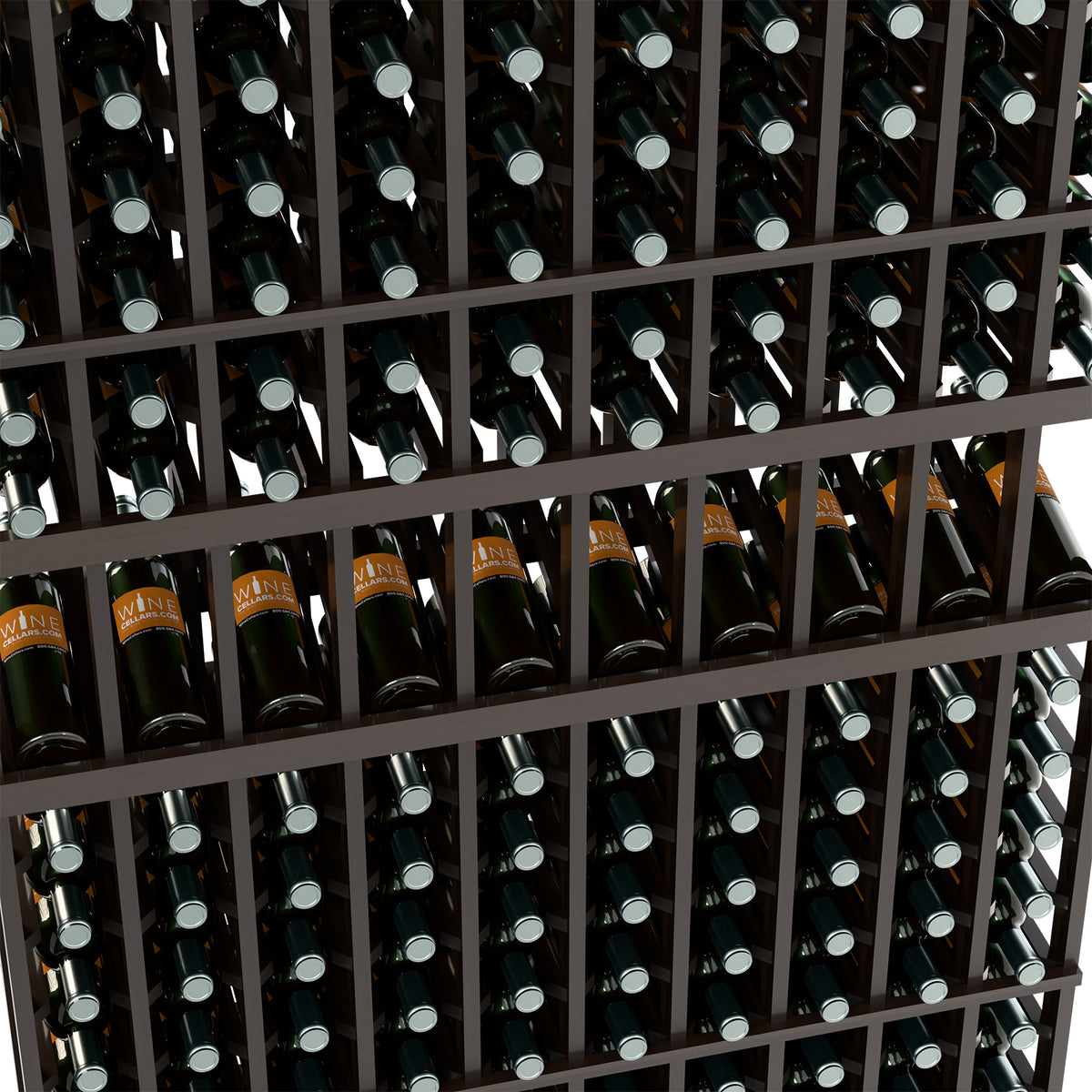 Black wine bottle display rack close-up of bottle rows and labels