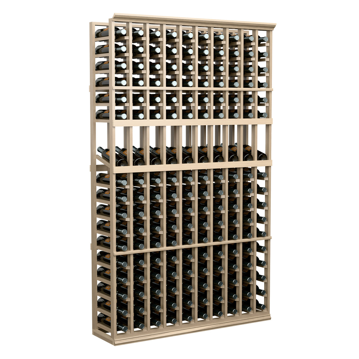 Freestanding wine bottle display rack with 10 columns of front bottle holders