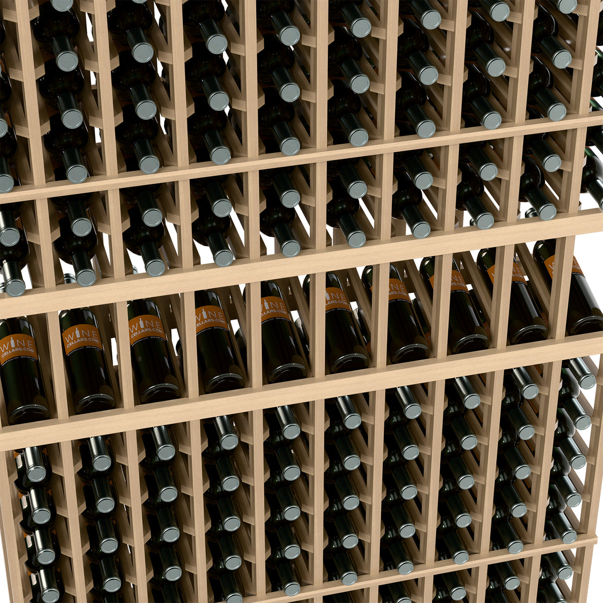 Wood wine bottle rack close-up with bottles stored upright in square cubbies