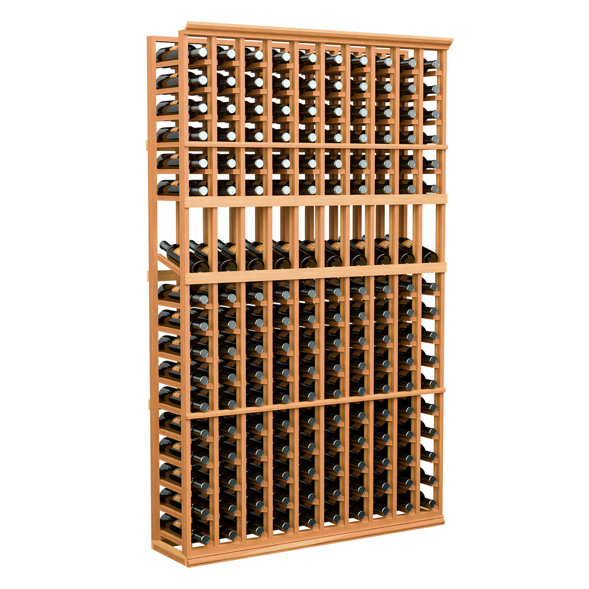 Wood wine bottle display rack with 10 columns and bottle slots in light finish