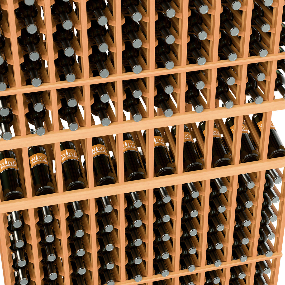 Close-up of light-wood wine rack with bottles seated upright in grid rows