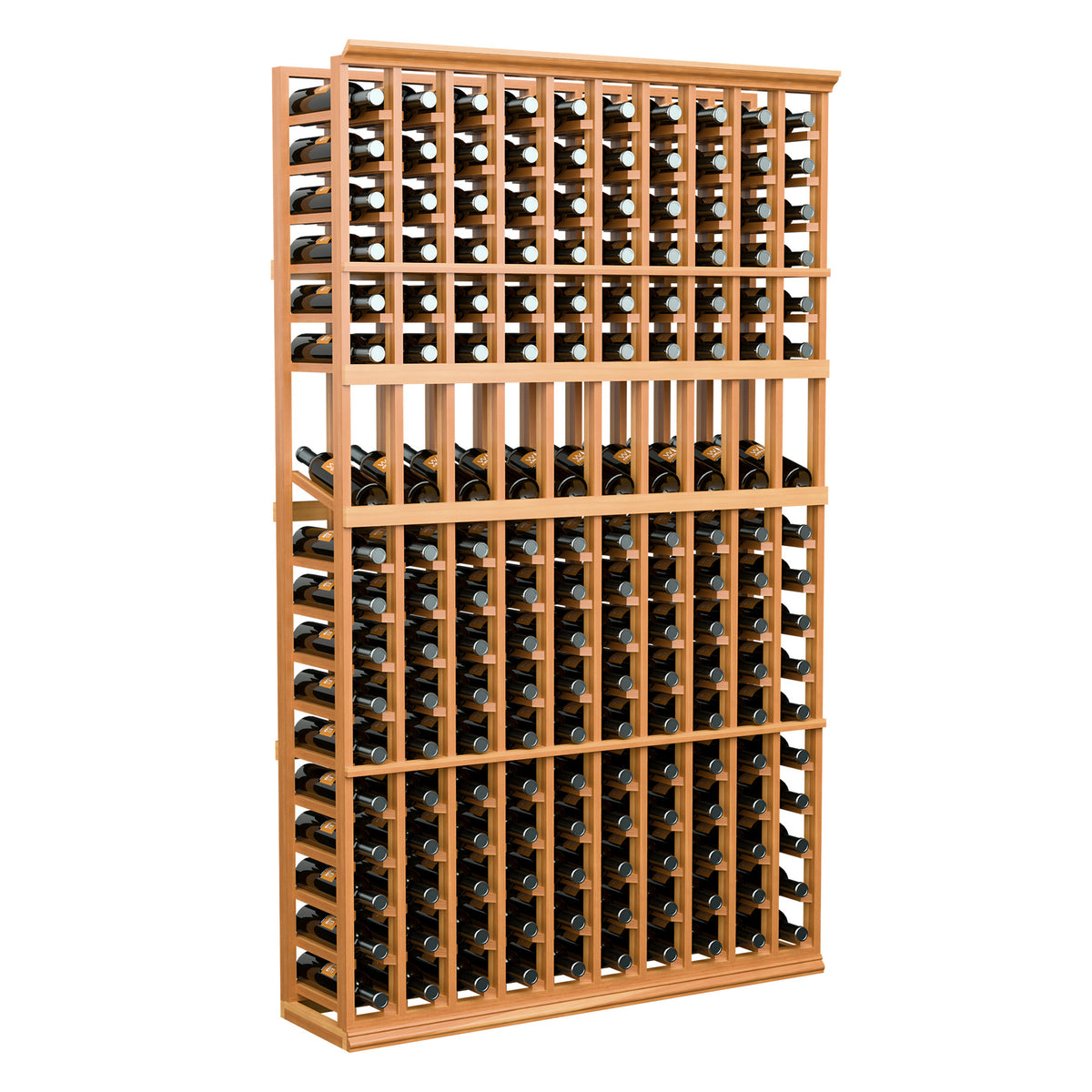 Tall wood wine bottle display rack with 10 columns and front slot grid