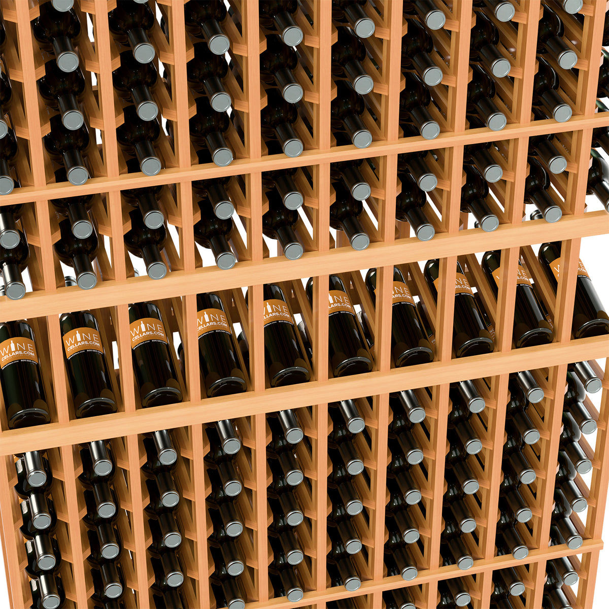 Light-wood wine bottle rack close-up showing bottle caps in individual slots