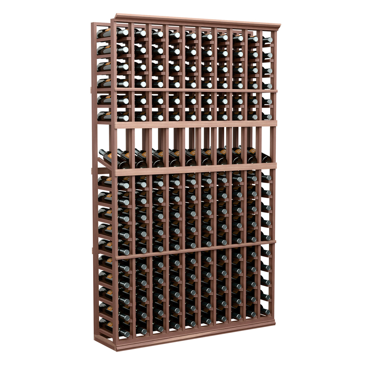 Wood wine bottle display rack with 10 columns and rows of bottle holder slots