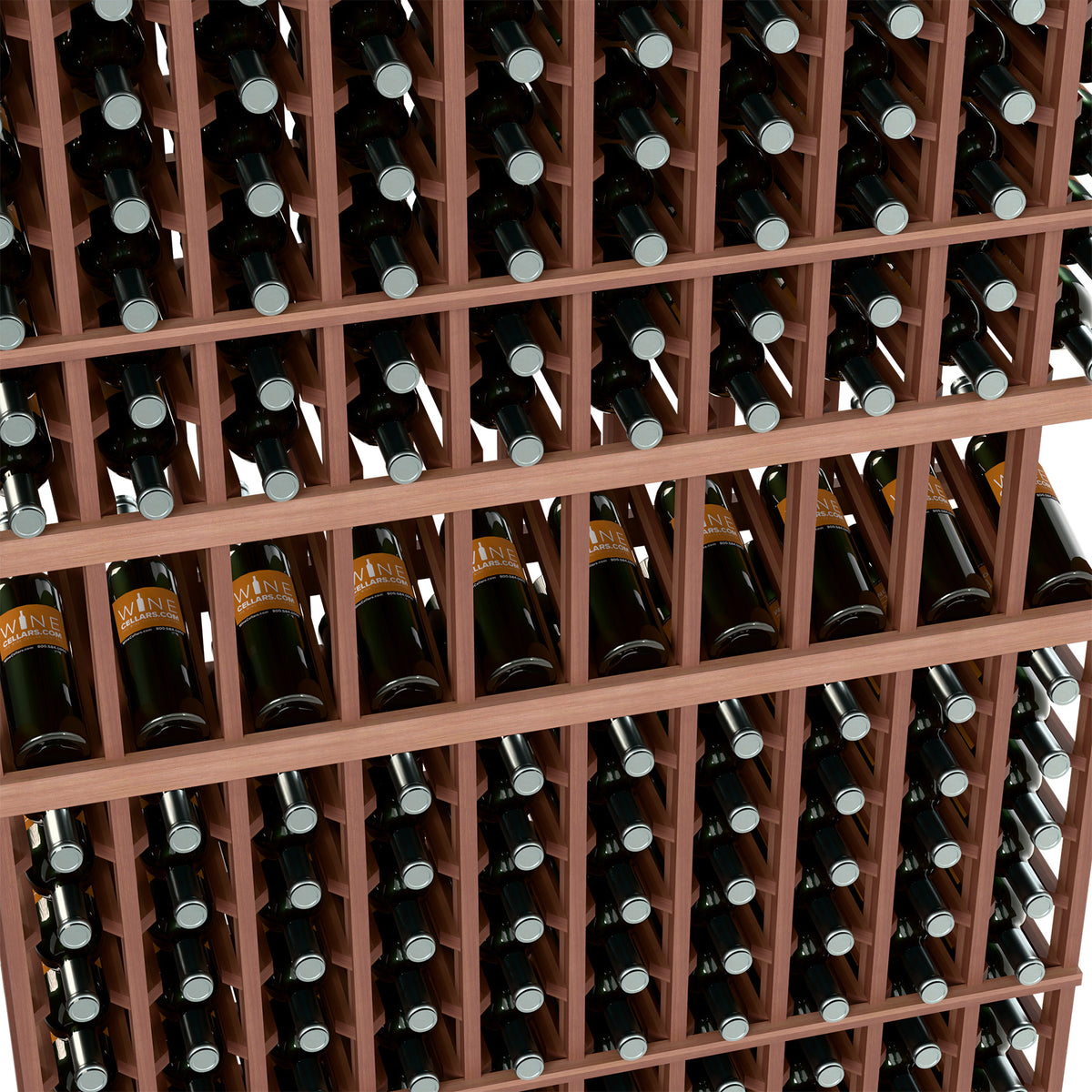 Wood wine bottle rack close-up with bottles in individual square slots