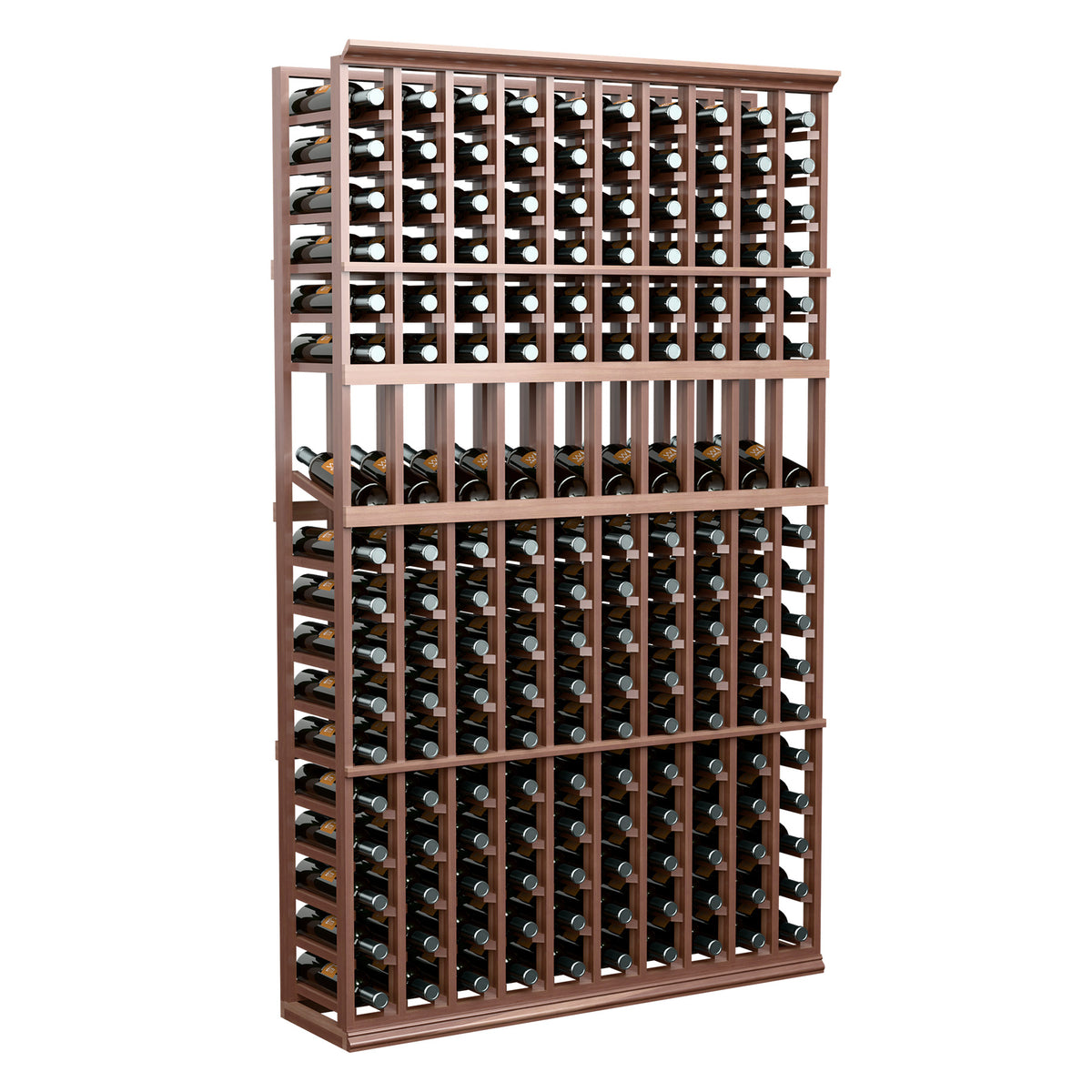 10-column wine bottle display rack, dark wood frame with multiple bottle slots