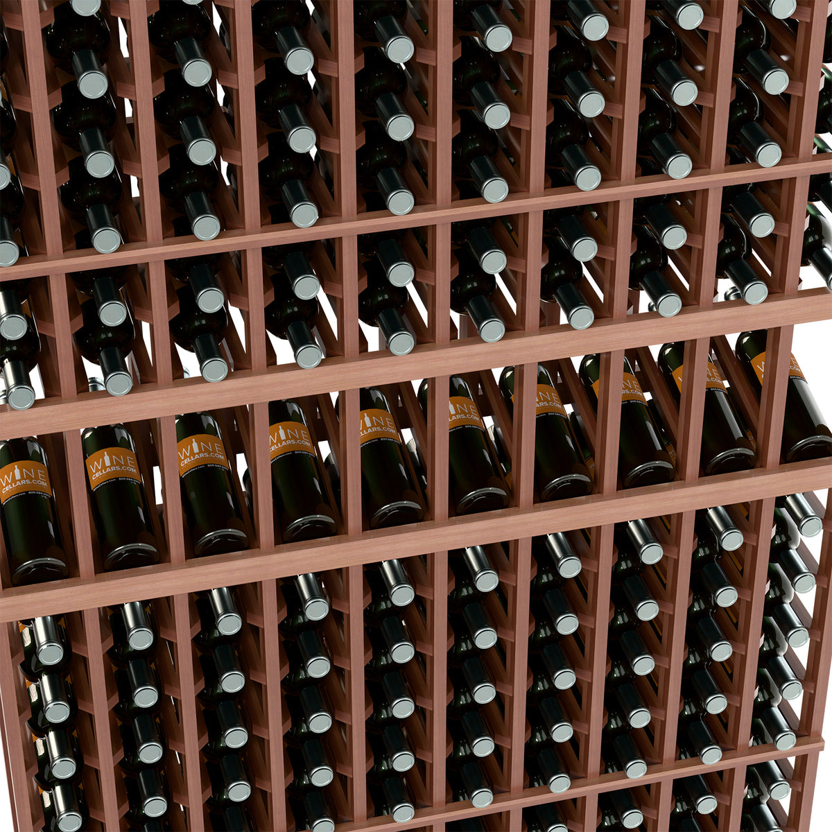 Close-up of wine bottle display rack with dark wood dividers holding bottles
