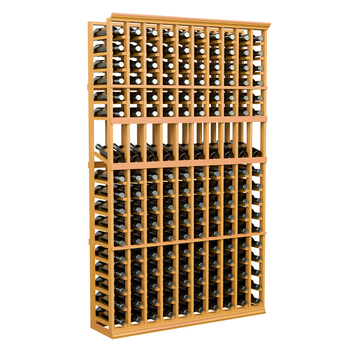 10-column wine bottle display rack, light wood frame with multiple bottle slots