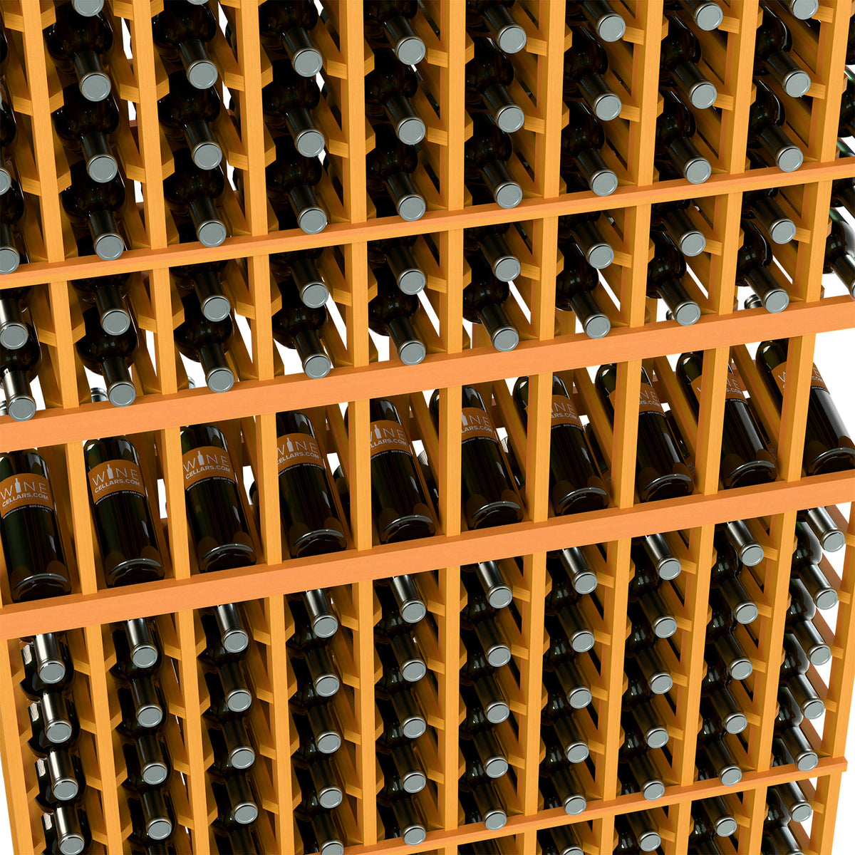 Close-up of wine bottle display rack with light wood dividers and bottle bottles