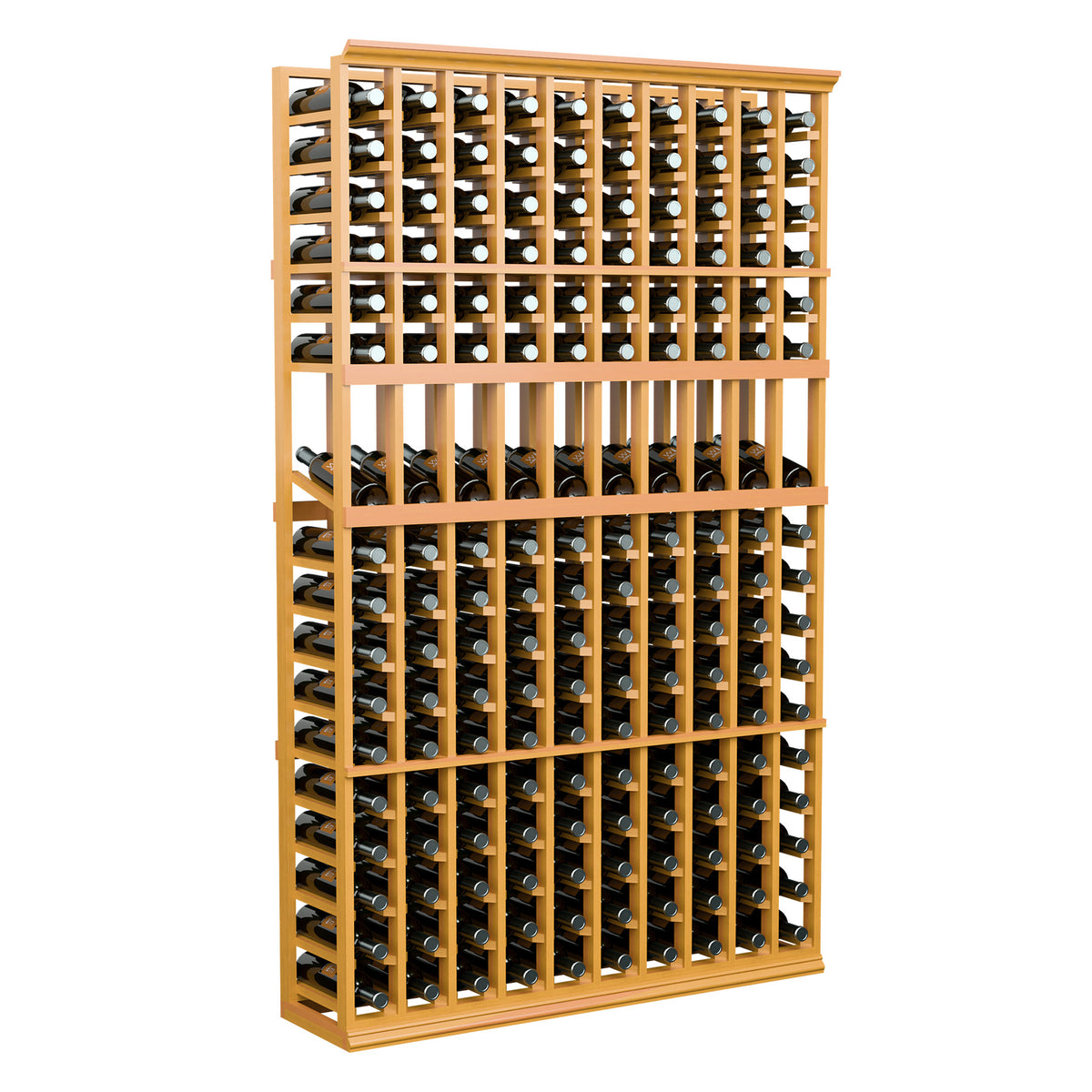 10-column wine bottle display rack, honey-toned wood frame with bottle slots