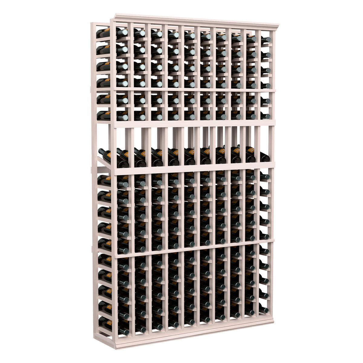 10-column wine bottle display rack, whitewashed frame with bottle storage slots