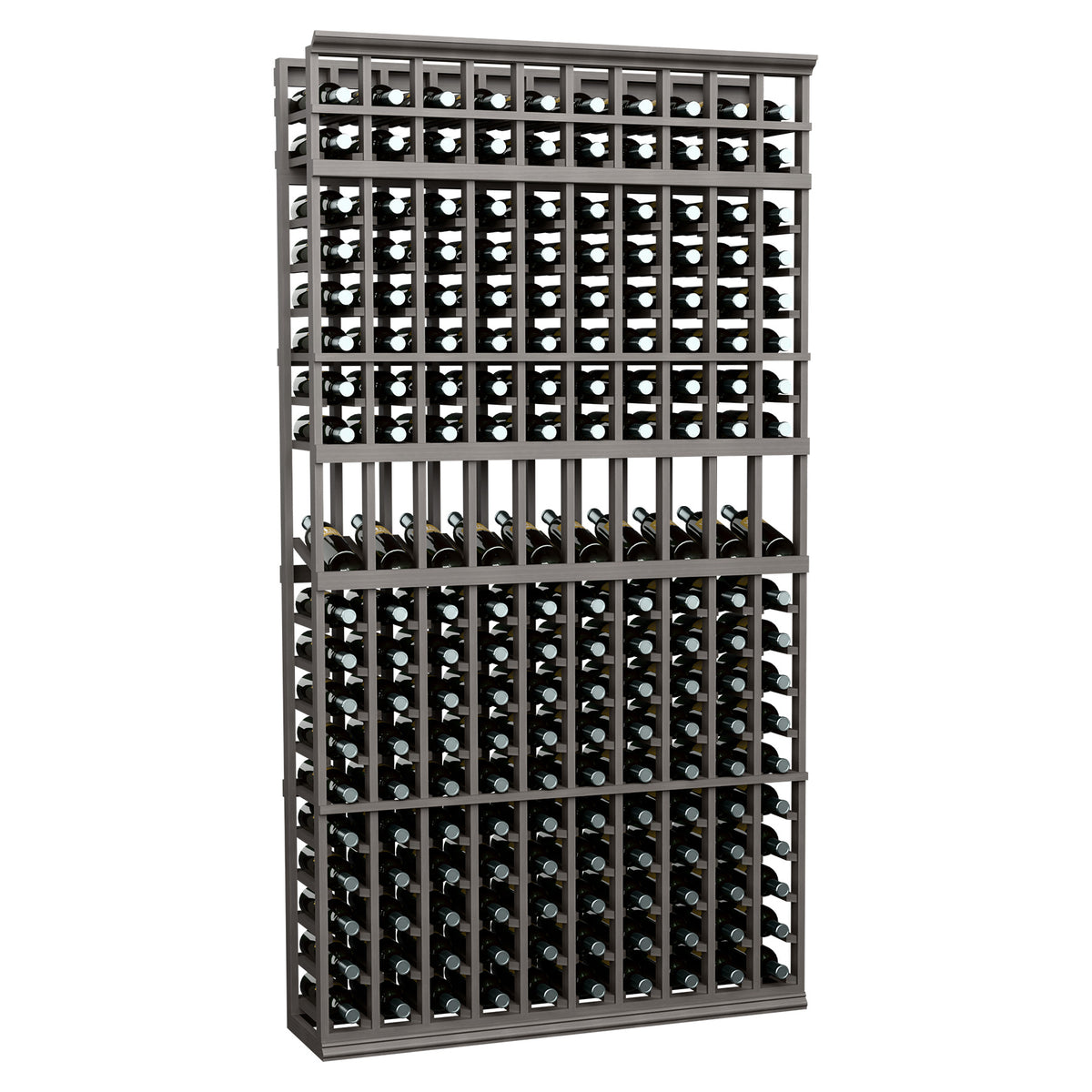 10-column 7-ft wine bottle rack, dark metal frame with rows of bottles