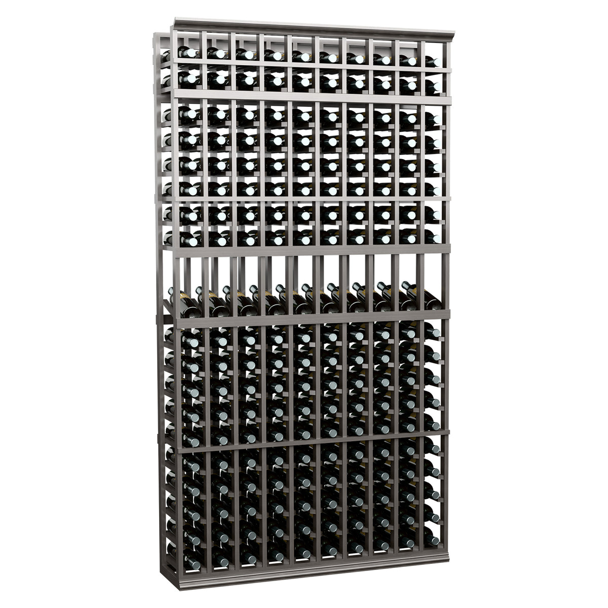 10-column 7-ft wine bottle rack, dark metal frame with rows of bottles