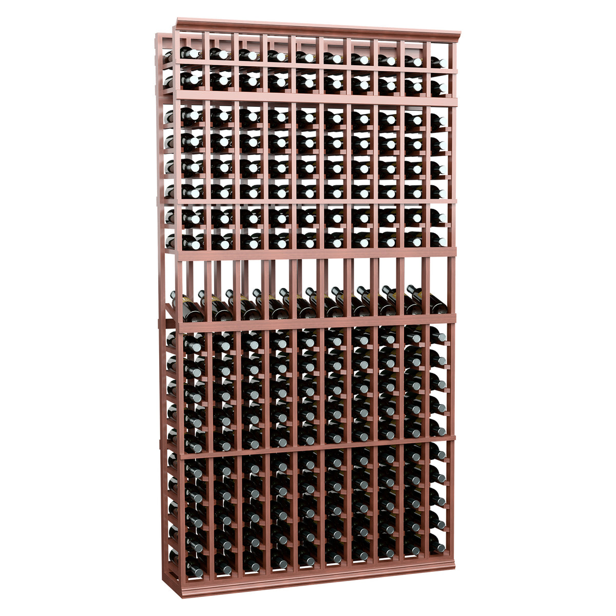10-column 7-ft wine bottle rack, reddish wood frame with rows of bottles