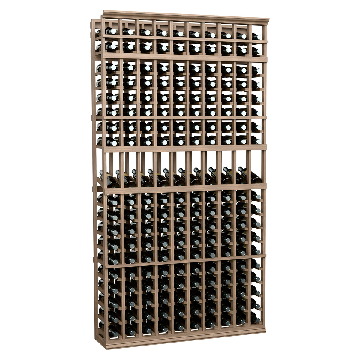 10-column 7-ft wine bottle rack, tan wood frame with rows of bottles