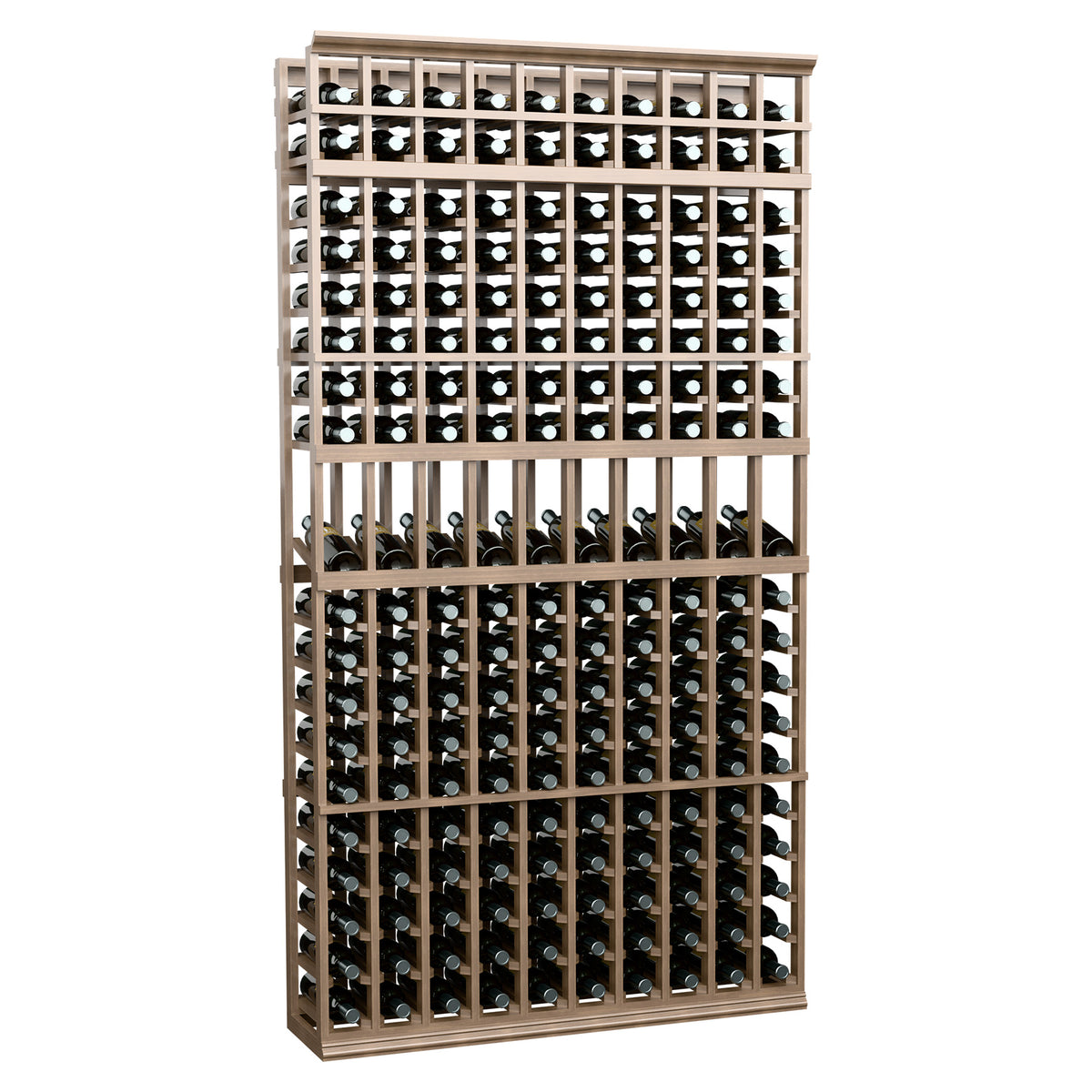 10-column 7-ft wine bottle rack, tan wood frame with rows of bottles