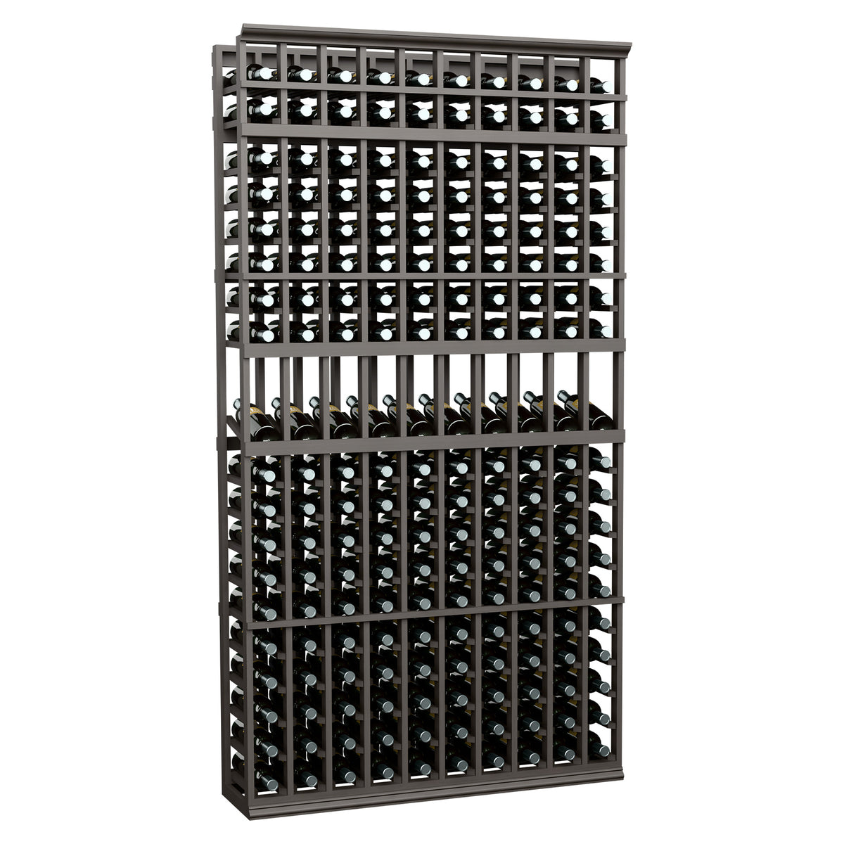 10-column 7-ft wine bottle rack, dark metal frame with rows of bottles