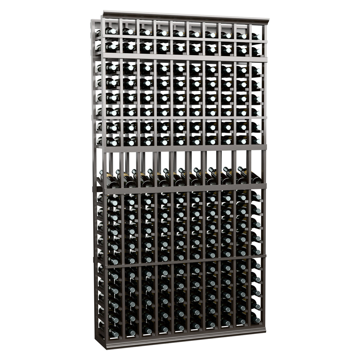 10-column 7-ft wine bottle rack, dark metal frame with rows of bottles