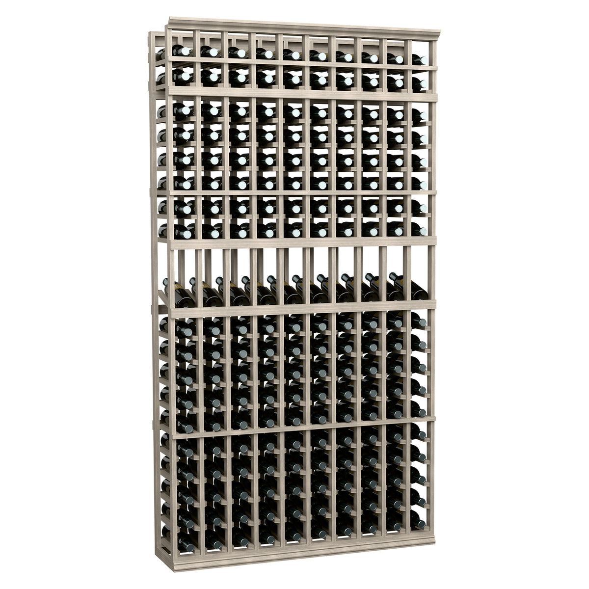 Tall wine bottle display rack with 10 columns, gray wood frame holding bottles